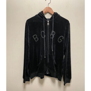 BCBGMAXAZRIA Womens Track Jacket 2X Black Velvet Rhinestone Hooded Grunge Y2K